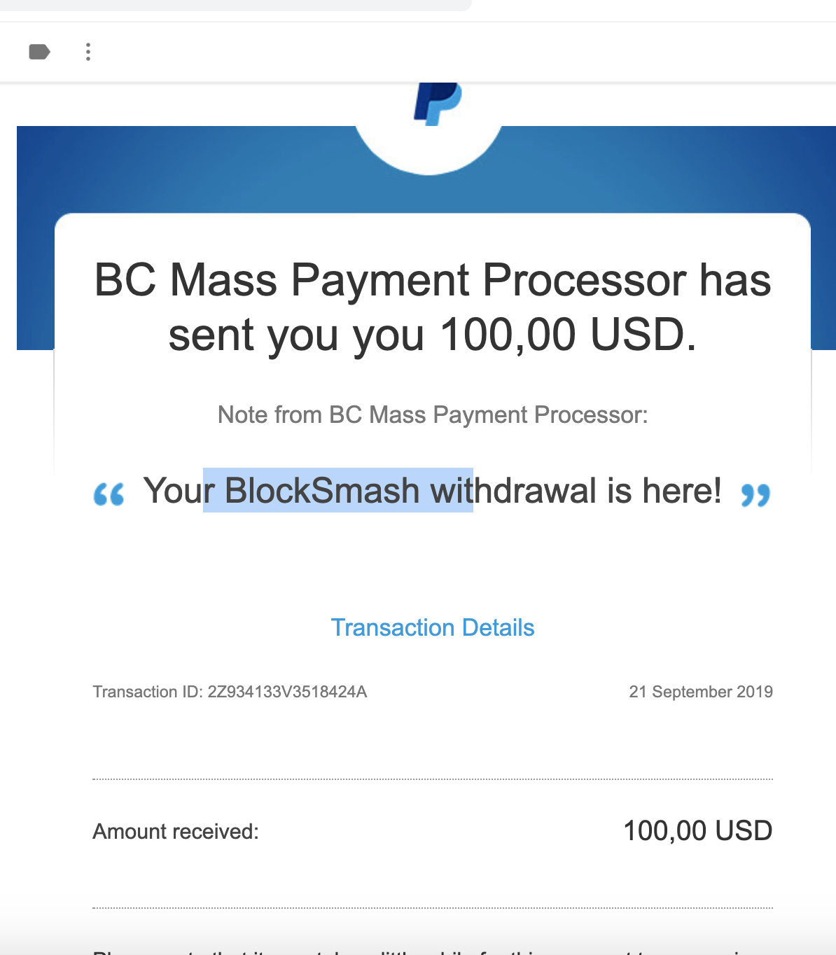 100 Paypal payment 2019 1 blocksmash.io Payment Proof Club